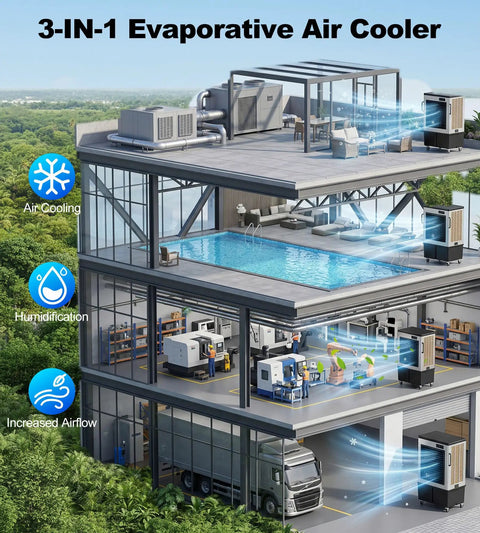 3-IN-1 Evaporative Air Cooler showing cooling effects in indoor and outdoor spaces, demonstrating air cooling and airflow features.