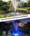 Cool RGB Pond Fountain With LED Lights 660GPH in garden pond with day and night cycles showcasing water spray and color modes.