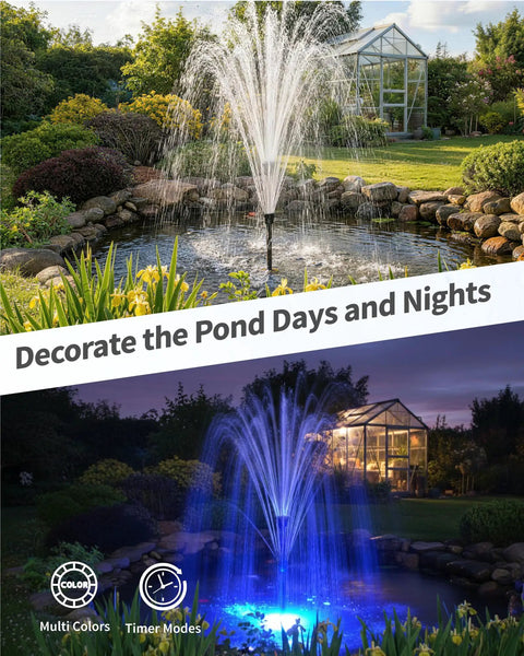 Cool RGB Pond Fountain With LED Lights 660GPH in garden pond with day and night cycles showcasing water spray and color modes.