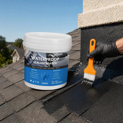 Big Time Roof Saver Black Waterproof Rubber Sealant For Flat And Metal Roofs With Flexible Crack Bridge being applied on roof.