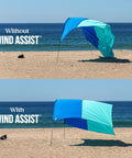 Comparison of beach canopy without and with Wind Assist Kit For Shade 2.0 And Earlier By Shibumi Stabilizes Beach Canopy.