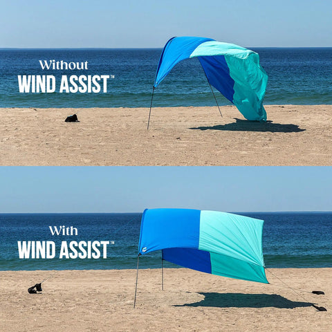 Comparison of beach canopy without and with Wind Assist Kit For Shade 2.0 And Earlier By Shibumi Stabilizes Beach Canopy.