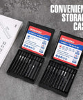 Front view of two WORKPRO 10-piece 2.3-inch hex bit sets in black cases (SAE and metric) with a white storage box.