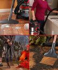 4 scenes of 5 Gallon 4.5 Peak HP Wet Dry Vacuum With Stainless Steel Tank cleaning glass, laundry mess, outdoor debris, and soil