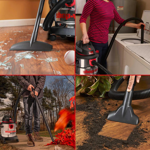 4 scenes of 5 Gallon 4.5 Peak HP Wet Dry Vacuum With Stainless Steel Tank cleaning glass, laundry mess, outdoor debris, and soil