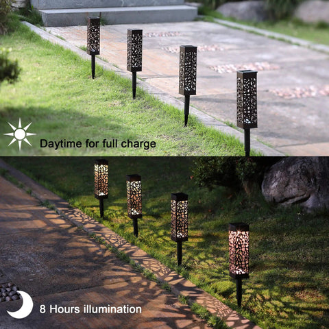 Dual Use Solar Pathway Lights Set Of 6 In Brown Stainless Steel With Warm White 8 Lumen for walkways and driveways, day and night view