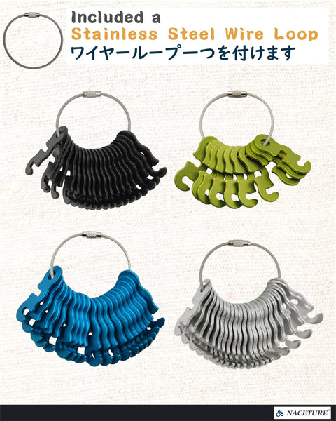 Stainless steel wire loop with assorted color aluminum alloy rope tensioners for camping tent guy lines.