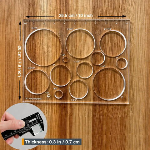 A Damn Sharp Transparent Acrylic Router Template For Woodworking Boasts Thirteen Circle Sizes Packed In A Single Piece on wood background.