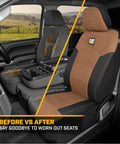 Before and after comparison of automotive seat covers, showing new MeshFlex Automotive Seat Covers For Cars Trucks And SUVs Beige Front Seat Covers.