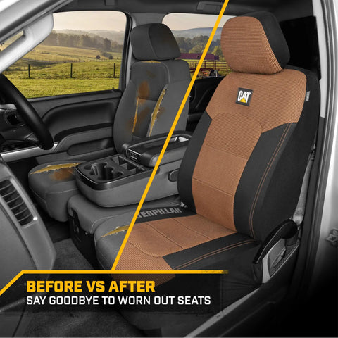 Before and after comparison of automotive seat covers, showing new MeshFlex Automotive Seat Covers For Cars Trucks And SUVs Beige Front Seat Covers.
