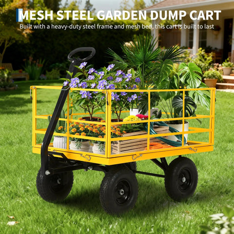 Beast 1400 Pound Garden Dump Cart 3 In 1 Yard Wagon with flowers loaded in steel utility trailer on grass