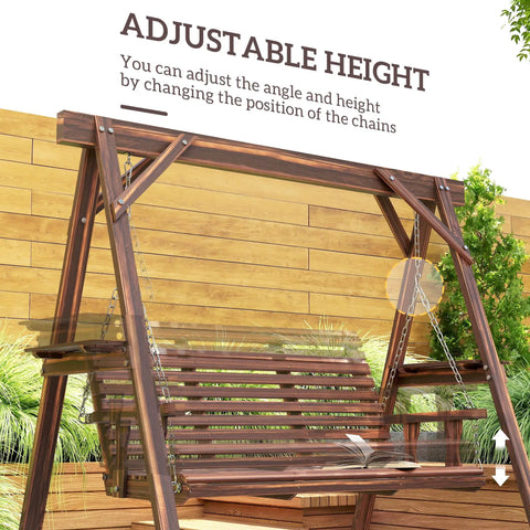 Three Seat Outdoor Porch Swing With Stand And Side Tables, Wooden Patio Swing Bench With Steel Chains, Adjustable Height