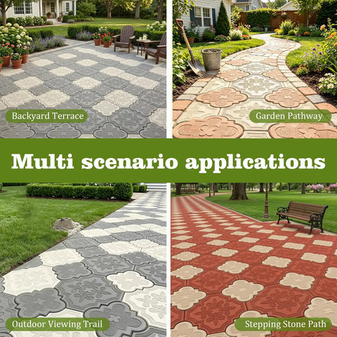 Two Pack Heavy Duty Rubber Concrete Paver Molds For Stepping Stones Walkways And Patios shown in various outdoor applications