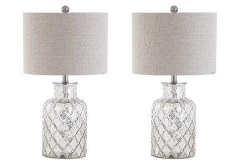 Alvord Mercury Silver Quatrefoil Glass Table Lamps Set of 2 with grey linen drum shades on white background