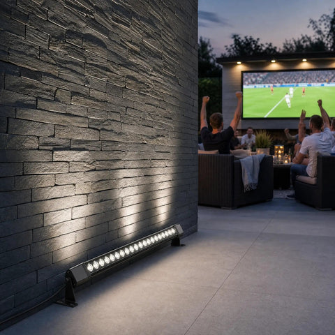 36W LED Wall Washer Light Bars, 2ft 5000K Daylight Outdoor Wall Washer Lights, illuminating a patio with people watching TV outdoors.