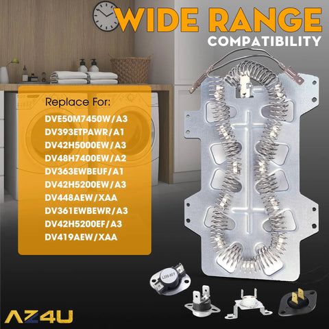 Plug and Play Dryer Heating Element and Thermostat Replacement Kit for Samsung Electric Dryers Includes High Limit Thermal Fuse and Thermistor Fits Models DV42H5000EW A3 DV48H7400EW A2 DV42H5200EW A3 DV419AEW XAA