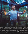 Man holding Waterproof Outdoor String Lights 48 Ft With 15 Dimmable Vintage Edison LED Bulbs inside a glass patio.
