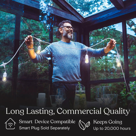 Man holding Waterproof Outdoor String Lights 48 Ft With 15 Dimmable Vintage Edison LED Bulbs inside a glass patio.