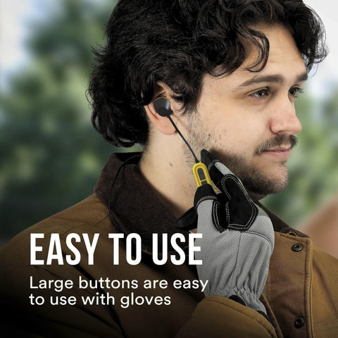 Person wearing Bluetooth 6.0 Hearing Protection Earbuds With 19dB NRR, adjusting volume with gloves outdoors.