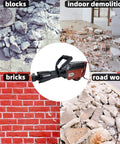 1900W Demolition Electric Jack Hammer Heavy Duty Concrete Breaker With Flat Chisel Bull Point Chisel U Chisel And Work Gloves For Concrete Asphalt Ditching And Demolition Tasks showcased with demolition site images including bricks, blocks, and road work areas