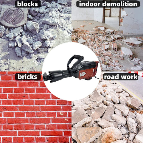 1900W Demolition Electric Jack Hammer Heavy Duty Concrete Breaker With Flat Chisel Bull Point Chisel U Chisel And Work Gloves For Concrete Asphalt Ditching And Demolition Tasks showcased with demolition site images including bricks, blocks, and road work areas