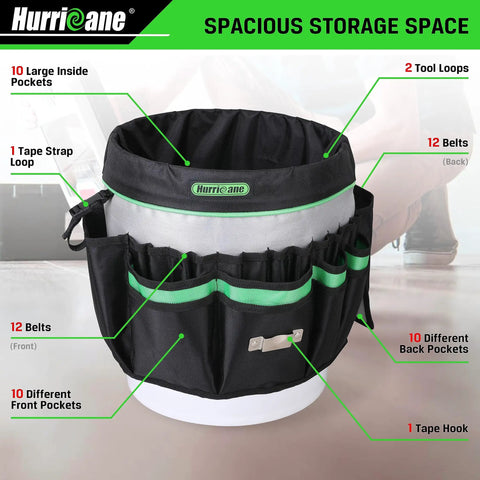 5 Gallon Bucket Tool Bag Organizer With 52 Pockets Waterproof Garden Caddy showcasing storage pockets and loops