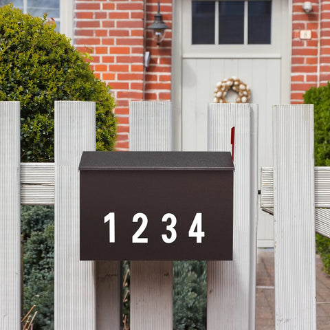 Wall Mount Mailbox With Flag Kit And 0 To 9 Number Stickers, Bronze Finish on fence, Galvanized Steel Built Tough Rust Proof Outdoor Post Box