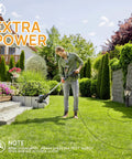 Person using electric trimmer on grass with stone wall and trees in background, sunny day, text reading 'Extra Power' visible.