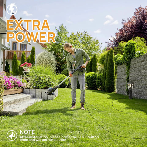 Person using electric trimmer on grass with stone wall and trees in background, sunny day, text reading 'Extra Power' visible.