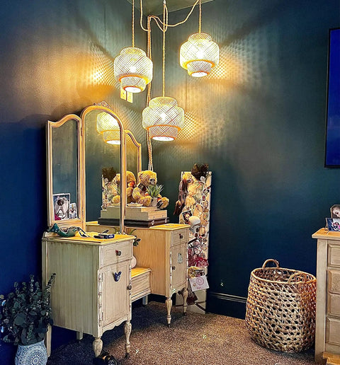 Rattan Plug In Pendant Light With Dimmable Cord Handwoven Boho Bamboo Wicker Basket Shade Ceiling Hanging Lamp, triple arrangement.