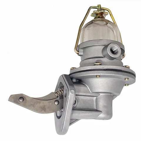 Mechanical Fuel Pump With Glass Bowl For Willys Jeep 134 L Head And F Head Engines Compatible With MB GPW CJ2A CJ3A CJ3B CJ5 CJ6 Jeep Wagon Jeepster Truck 1941 1971 Original Style Old School Replacement Part 119238 119729 17709.01, side view showing lever and mounting.