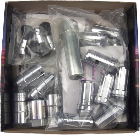 Top view of SplineDrive Chrome Wheel Installation Kit for 5 lug wheels M14 by one point five thread size with 16 lug nuts