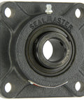 Workhorse 2 Inch Bore Four Bolt Flange Bearing Unit With Rugged Cast Iron Housing And Felt Seals designed for medium duty service, close-up view.