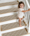 Non Slip Stair Treads For Wooden Steps 28x9In Beige Soft Polyester Carpet With Self Adhesive Backing 15 Pack Machine Washable Easy To Install For Elders Kids And Pets on stairs with child walking.
