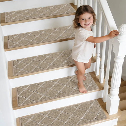 Non Slip Stair Treads For Wooden Steps 28x9In Beige Soft Polyester Carpet With Self Adhesive Backing 15 Pack Machine Washable Easy To Install For Elders Kids And Pets on stairs with child walking.