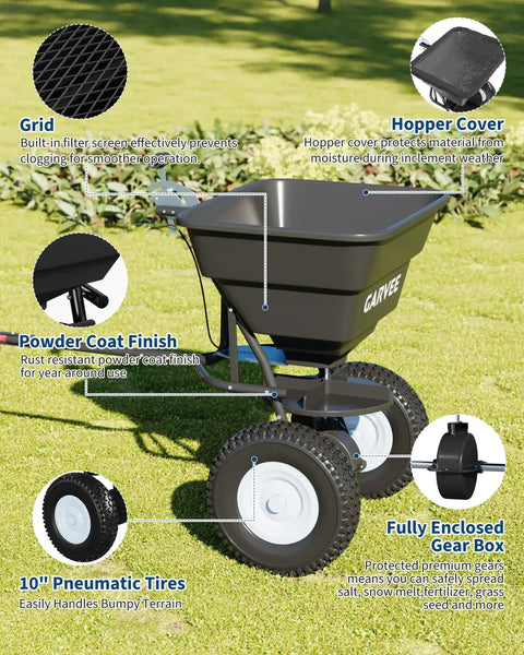 Tow Behind Broadcast Spreader With 110 Lb Hopper Universal Hitch Hopper Cover And Adjustable Flow Control For Seed Fertilizer Salt And Ice Melt Perfect For Big Lawn Jobs Black on grass with features highlighted