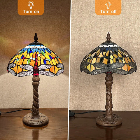 Grapefruit Orange Dragonfly Tiffany Style Table Lamp For Small Spaces Reading Desk Light 12 Inch Shade And 20 Inch Tall Handcrafted Resin Base showing on and off positions.
