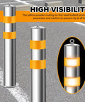 Rock Solid 4 Pack Stainless Steel Parking Bollards With Heavy Duty Barrier Chains Hella Tough For Outdoor Security Posts Driveway Protection And Garage Entry, featuring high visibility yellow powder coating.