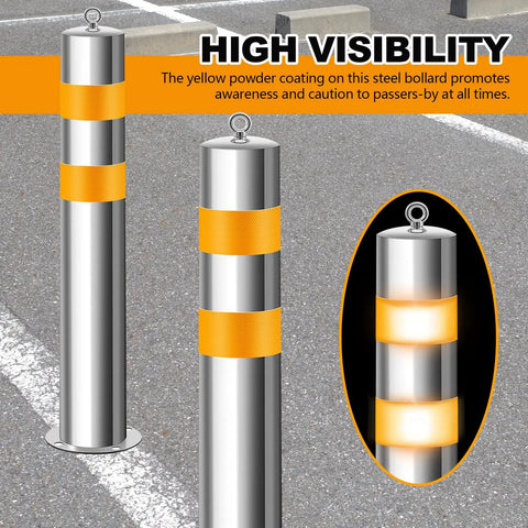 Rock Solid 4 Pack Stainless Steel Parking Bollards With Heavy Duty Barrier Chains Hella Tough For Outdoor Security Posts Driveway Protection And Garage Entry, featuring high visibility yellow powder coating.