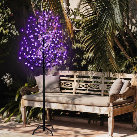 6 Foot Solar Cherry Blossom Tree Light With 200 LED Purple Lights That Look Lit For Garden Patio Yard Outdoor Decor