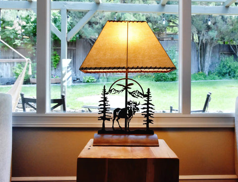 Moose Table Lamp With Rustic Patina 26 Inch Tall Inline Dimmer UL Listed 7.5 Foot Cord Cabin Living Room Lighting