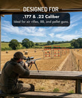 Shooter using Self Resetting Air Rifle Target With Heavy Duty Metal Frame for Airsoft Rimfire BB Gun Practice in a field