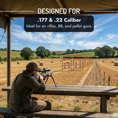 Shooter using Self Resetting Air Rifle Target With Heavy Duty Metal Frame for Airsoft Rimfire BB Gun Practice in a field