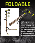 Heavy Duty Bicycle Repair Stand With 100 Lb Capacity Foldable Aluminum Frame shown folded and unfolded for easy portability