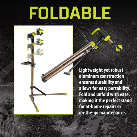 Heavy Duty Bicycle Repair Stand With 100 Lb Capacity Foldable Aluminum Frame shown folded and unfolded for easy portability