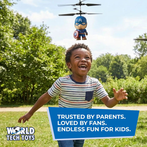 Child playing with Captain America Big Head Helicopter Toy With Motion Sensors For Kids 6 And Up Official Marvel Licensed Flying Toy Outdoor