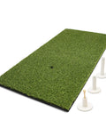 Golf Hitting Mat With Real Turf Feel For Indoor And Outdoor Practice, 2 By 1 Foot Synthetic Turf Mat With 5mm Non Slip Foam Padding, Includes 3 Rubber Tees For Quick Setup And Durable, All Weather Use showing green turf mat with three rubber tees