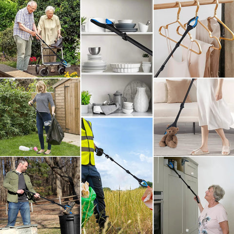 GrabRunner extendable reacher/grabber tool with blue accents, 38–44in, for easy pickup in hard-to-reach areas.