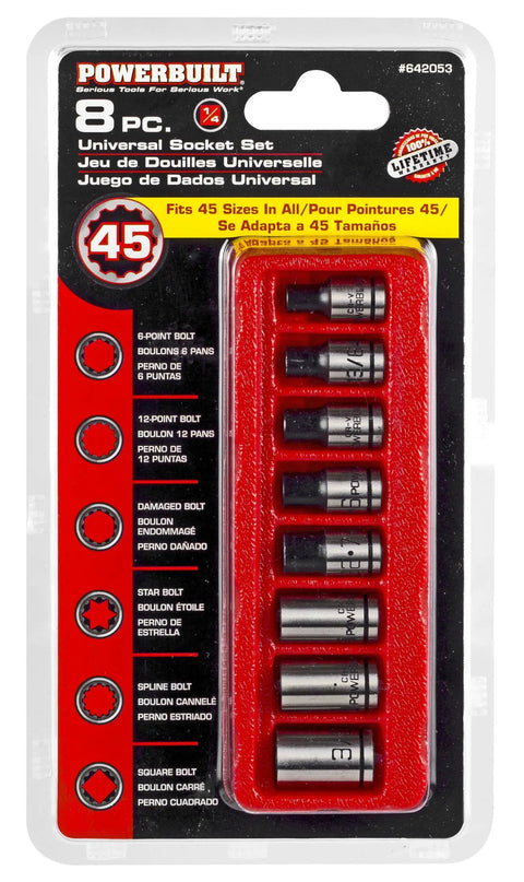 Eight Piece One Fourth Inch Drive Universal Socket Set With Dual Finish For SAE Metric Hex Six Point Twelve Point E Torx Spline And Square Fasteners Great For Cars Home Garage And DIY Projects All In One Handy Kit in packaging