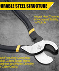 No Fuss Heavy Duty Cable Cutter Built Tough With Superior High Leverage Jaws and Comfortable Non Slip Handles on gray background.